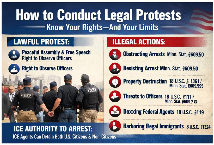 Infographic explaining legal protest rights, limits, and laws including obstruction, threats, property damage, and ICE enforcement authority