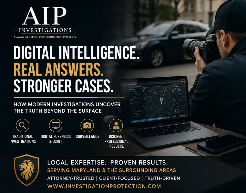 Maryland private investigator conducting digital intelligence analysis and surveillance operations