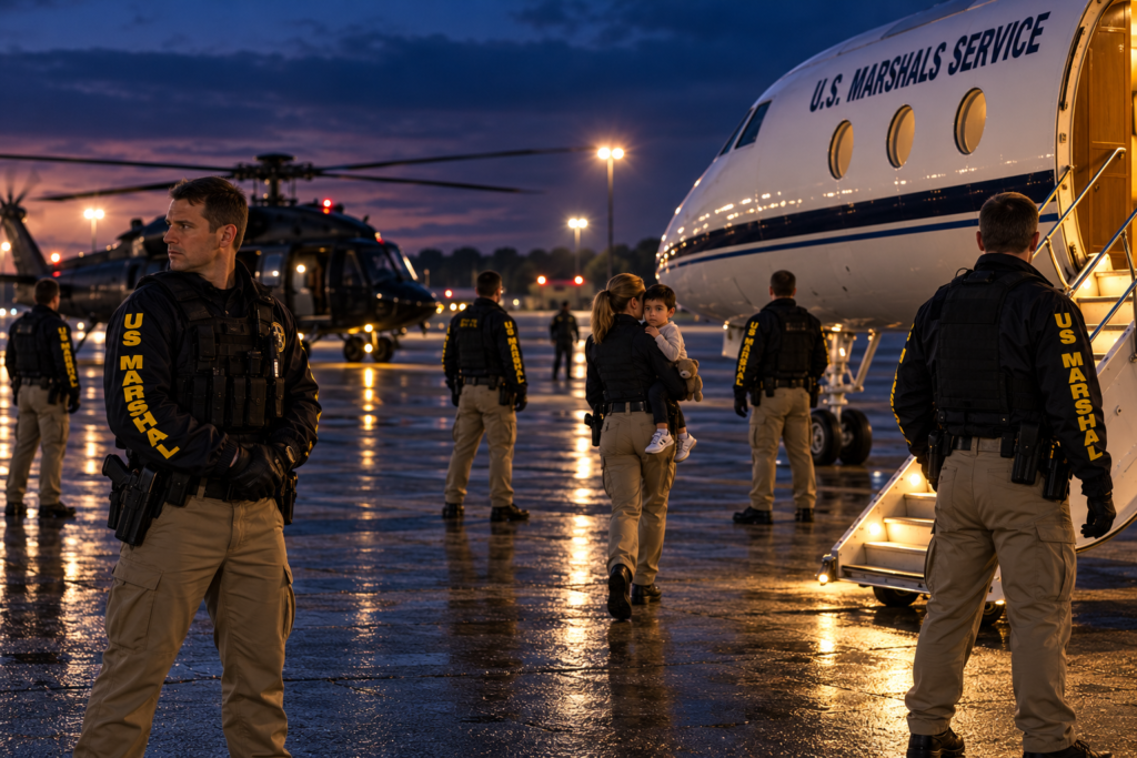 Deputy U.S. Marshals secure an aircraft as Elián González is carried toward a U.S. Marshals Service jet at Homestead.